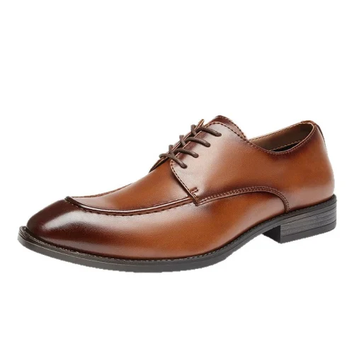 Side profile of men's tan genuine leather derby on white background