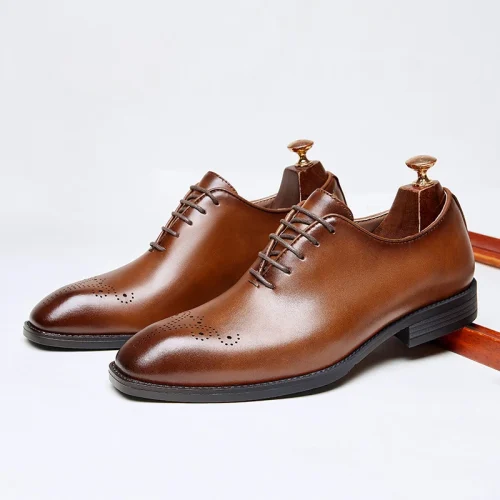 Men's brown genuine leather brogue oxfords with medallion toe