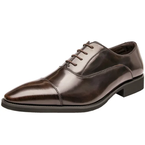 Side profile of dark brown burnished leather oxford shoe